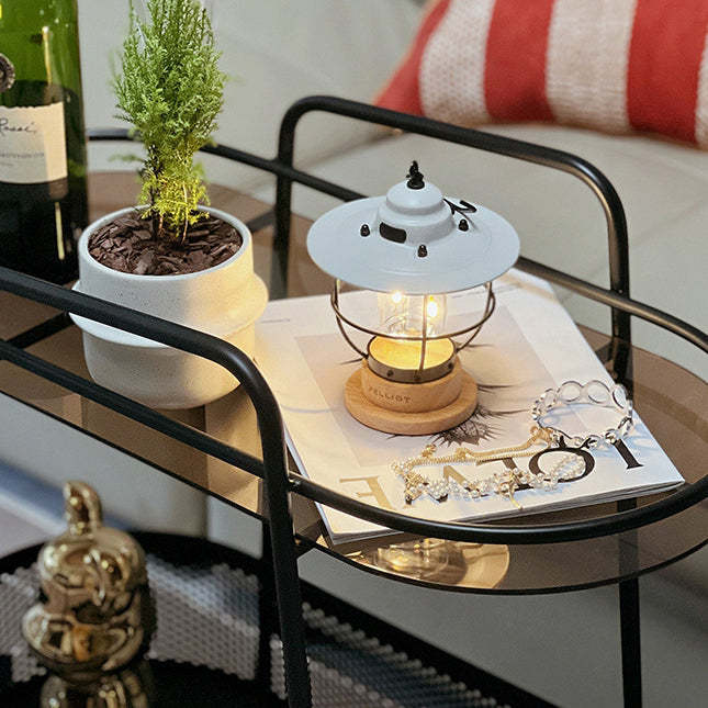 Modern Elliptical Glass Iron 2-Tier Side Table