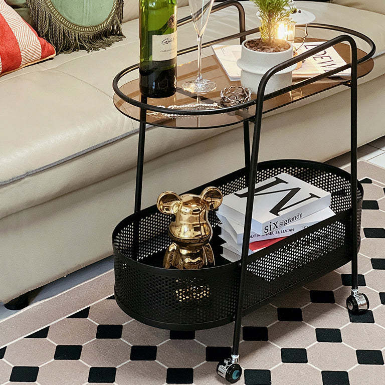 Modern Elliptical Glass Iron 2-Tier Side Table