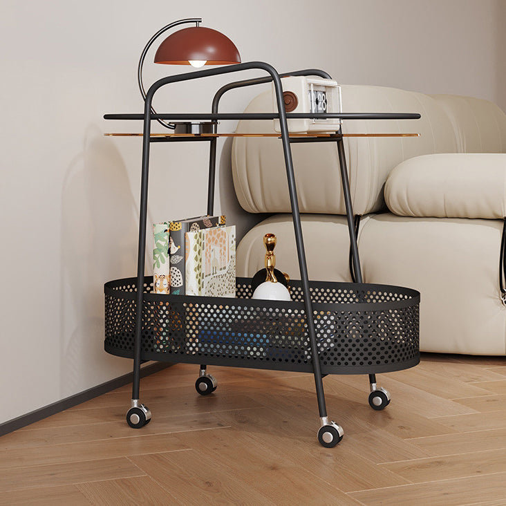 Modern Elliptical Glass Iron 2-Tier Side Table