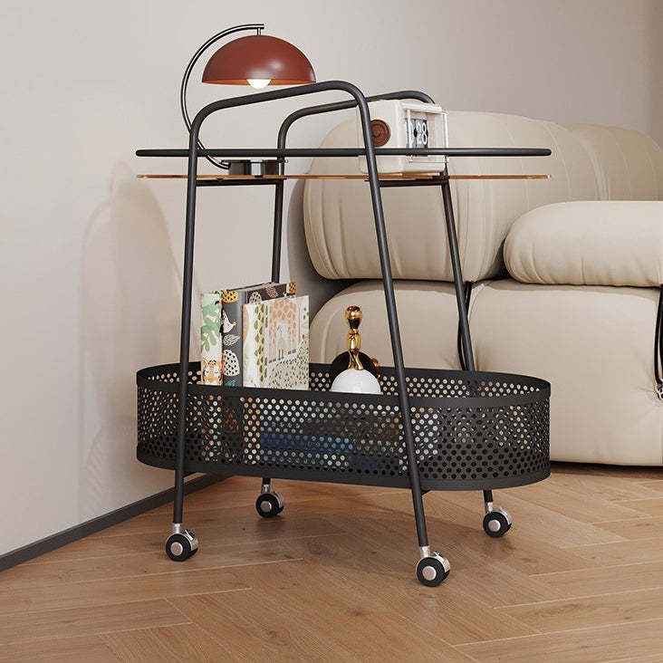 Modern Elliptical Glass Iron 2-Tier Side Table