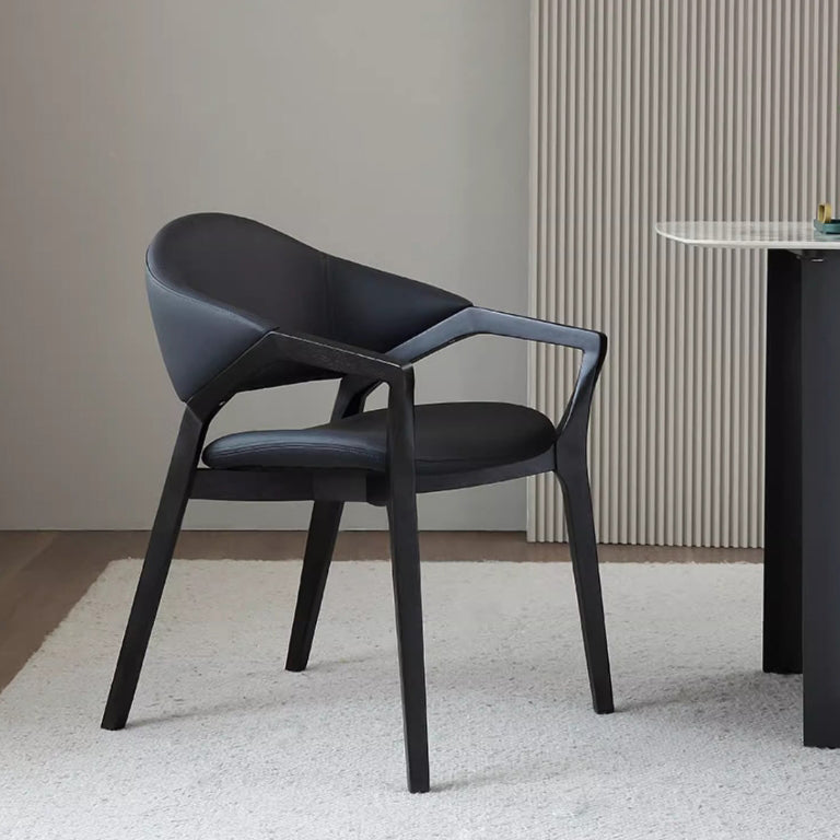 Scandinavian Leather Ash Wood Dining Chair — Gray Seat & Walnut Color Frame