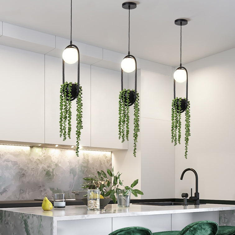 Art Deco Iron Glass Elliptical Greenery Pendant Light