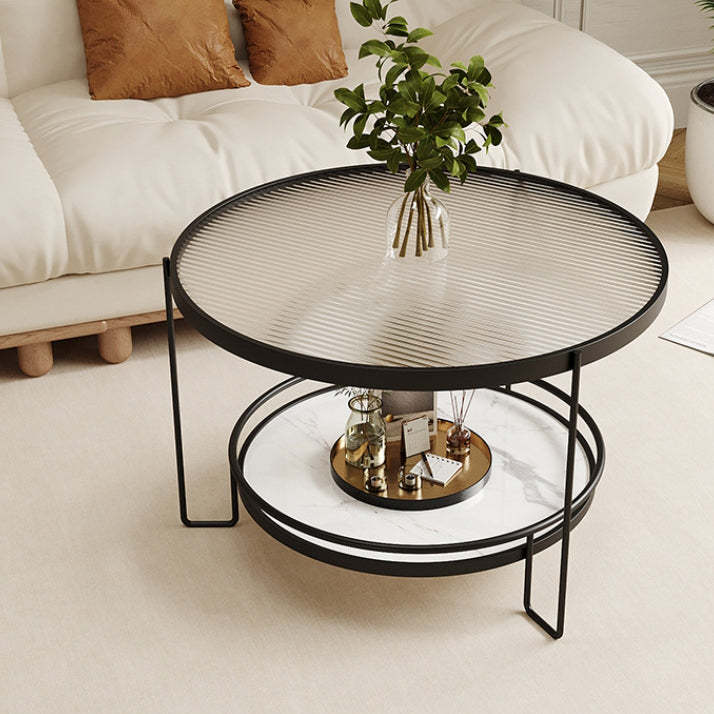 Minimalist Round Glass Rock Slab Coffee Table — Teal Glass + Black Frame