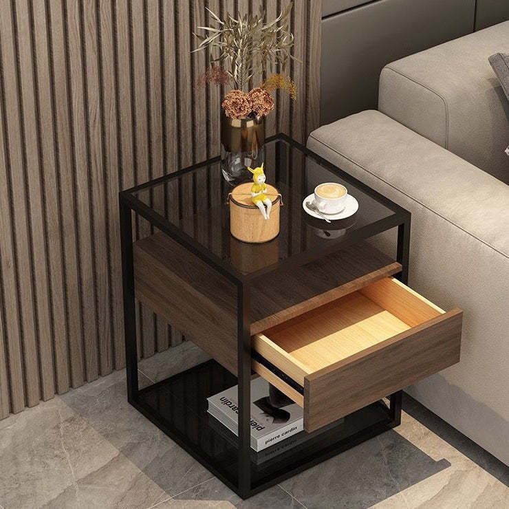 Scandinavian Glass Wood Rock Slab Square Nightstand 1-Drawer