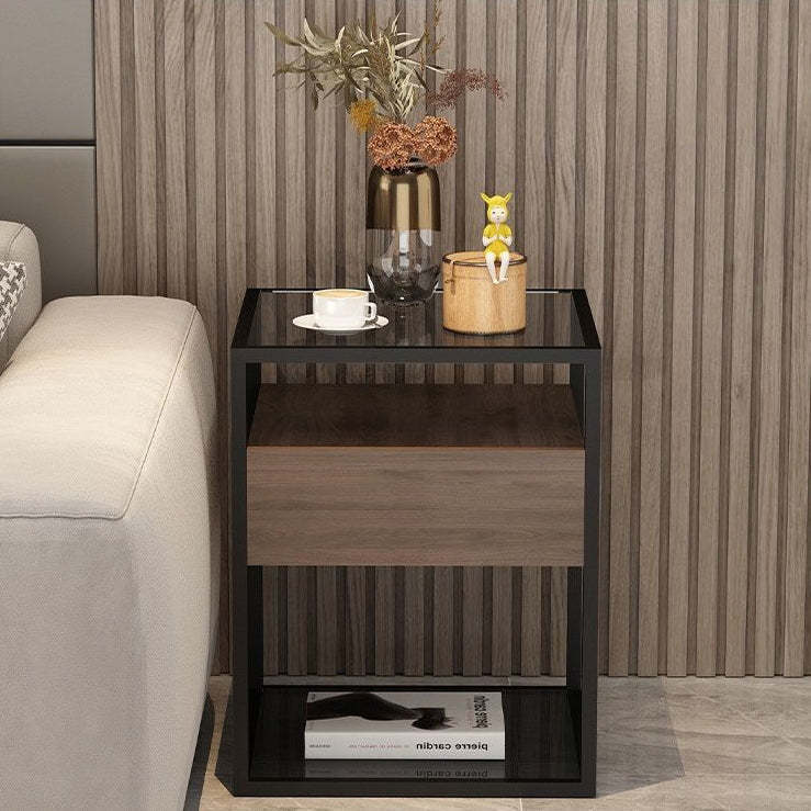 Scandinavian Glass Wood Rock Slab Square Nightstand 1-Drawer