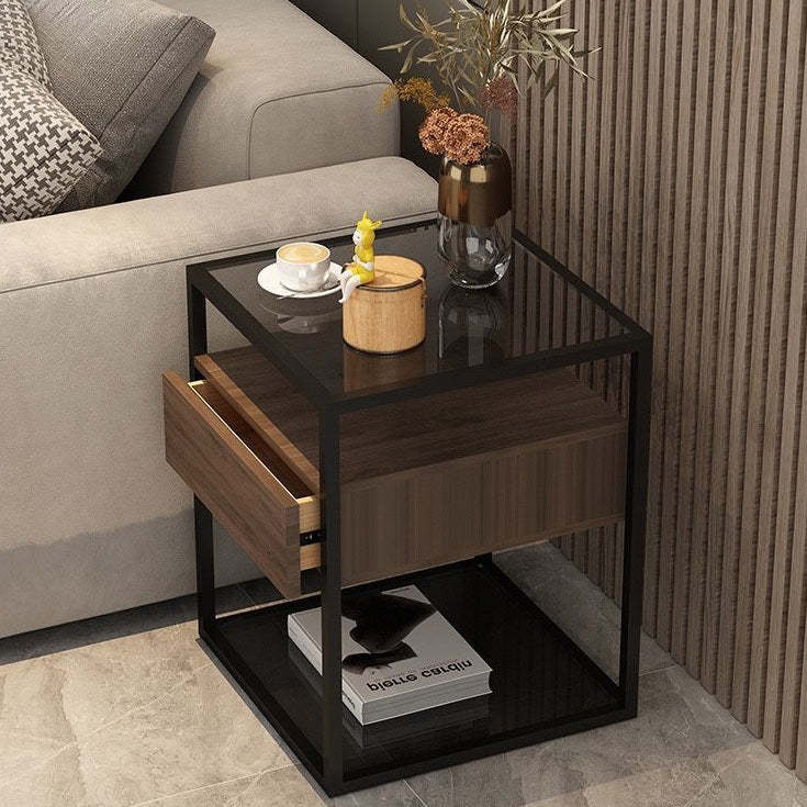 Scandinavian Glass Wood Rock Slab Square Nightstand 1-Drawer