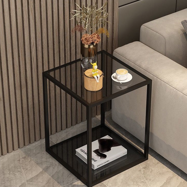 Scandinavian Glass Wood Rock Slab Square Nightstand 1-Drawer
