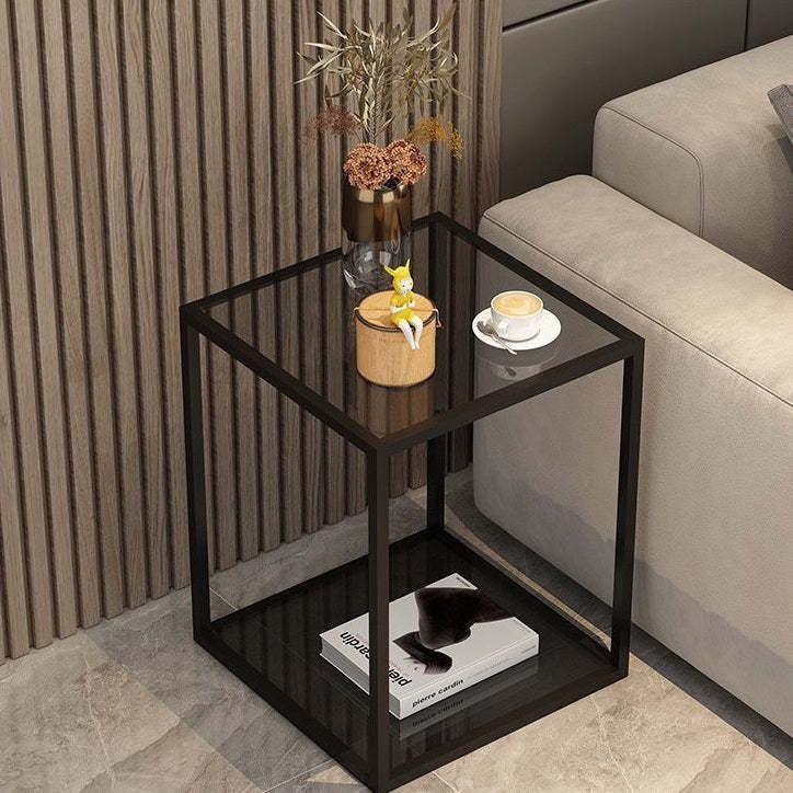 Scandinavian Glass Wood Rock Slab Square Nightstand 1-Drawer