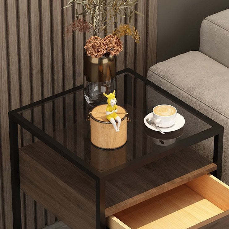 Scandinavian Glass Wood Rock Slab Square Nightstand 1-Drawer — F