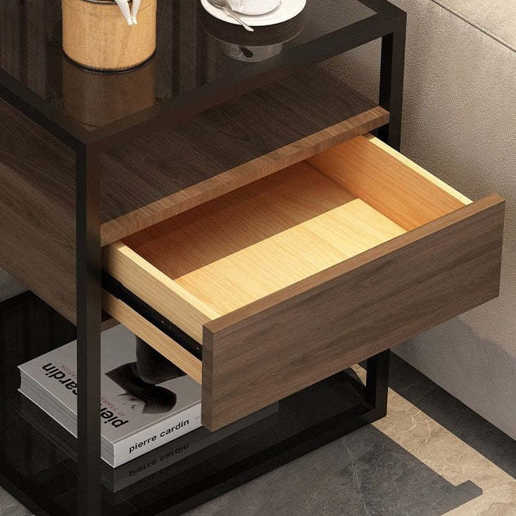 Scandinavian Glass Wood Rock Slab Square Nightstand 1-Drawer — E