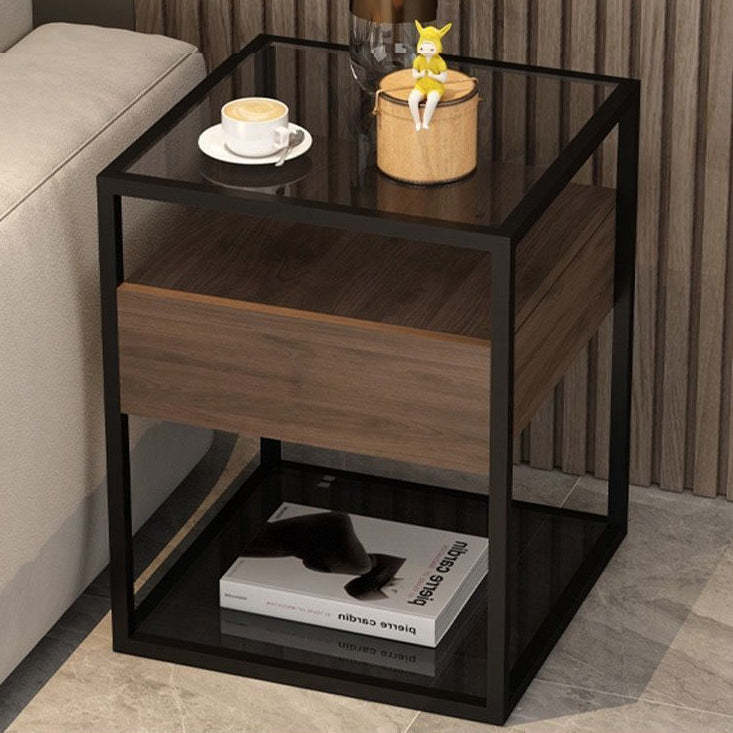 Scandinavian Glass Wood Rock Slab Square Nightstand 1-Drawer