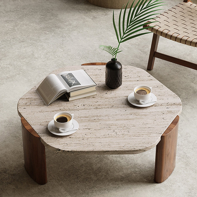 Nordic Hexagon Travertine Wood Coffee Table