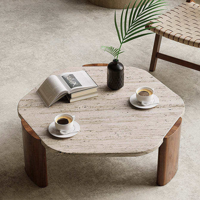 Nordic Hexagon Travertine Wood Coffee Table