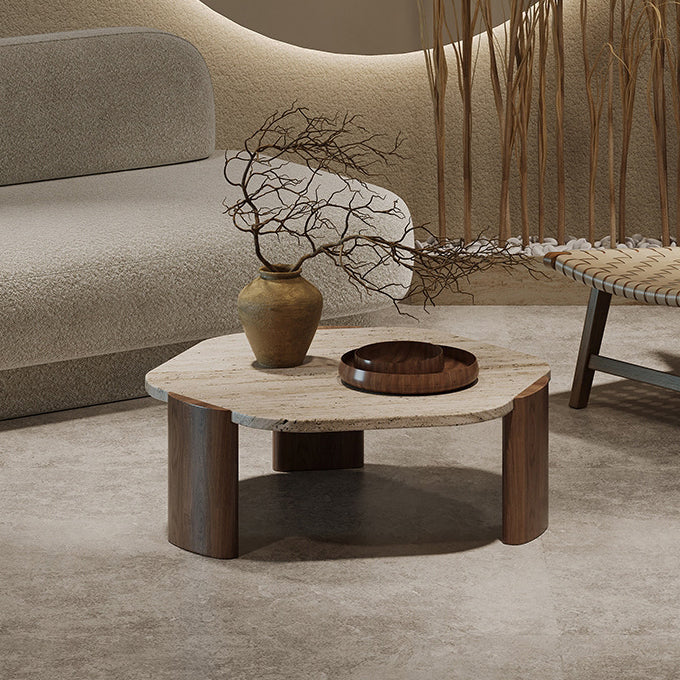 Nordic Hexagon Travertine Wood Coffee Table
