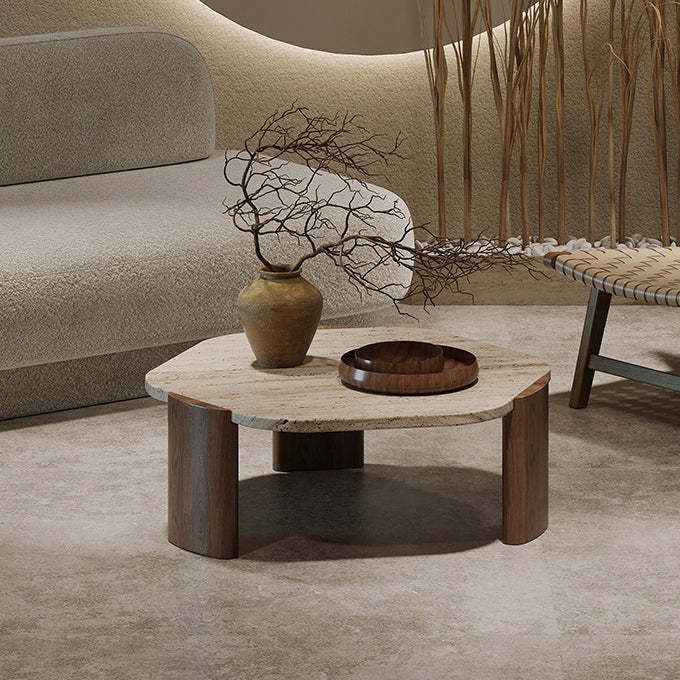 Nordic Hexagon Travertine Wood Coffee Table