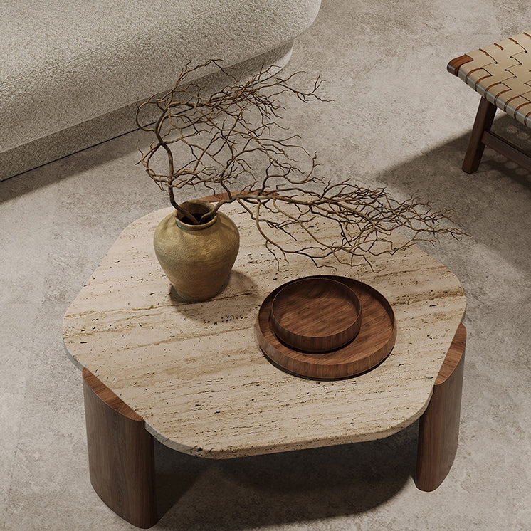 Nordic Hexagon Travertine Wood Coffee Table