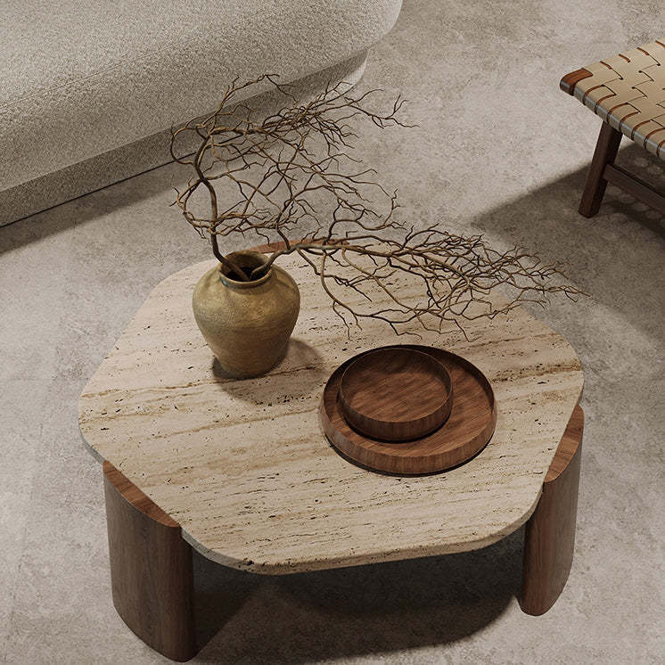 Nordic Hexagon Travertine Wood Coffee Table
