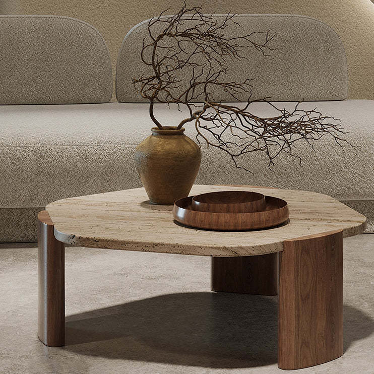 Nordic Hexagon Travertine Wood Coffee Table