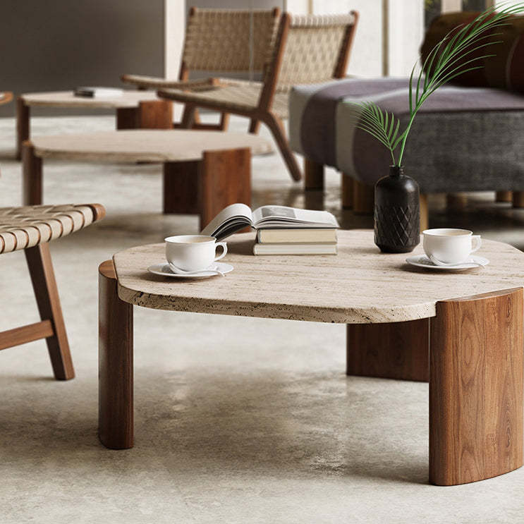 Nordic Hexagon Travertine Wood Coffee Table