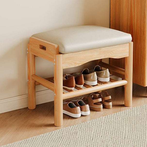 Contemporary Leather Solid Wood Backless 2-Tier Footstool — Walnut Color