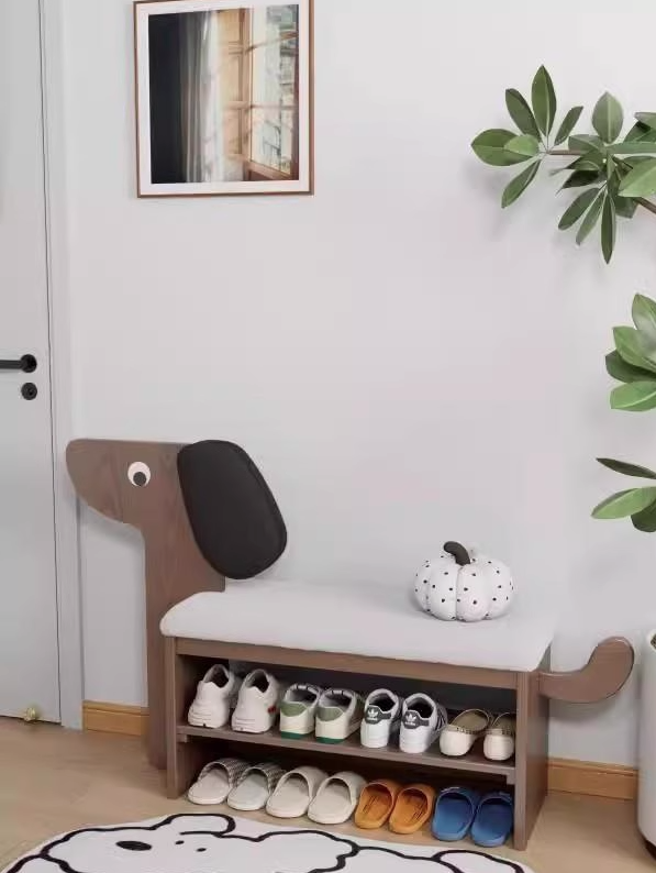 Contemporary Puppy Flannel Solid Wood 2-Tier Footstool Bench