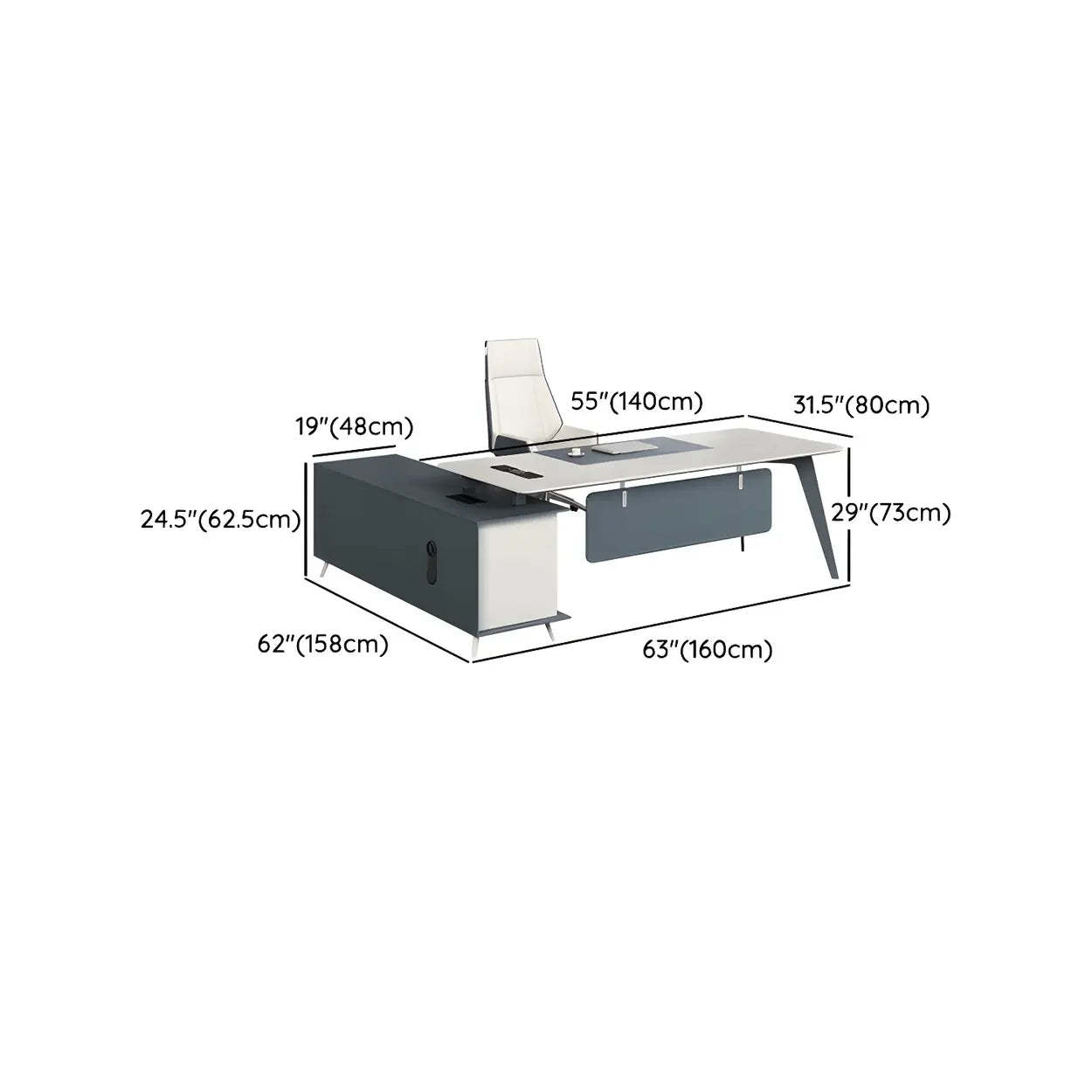 White Wood L-Shape Executive Desk with Cable Management