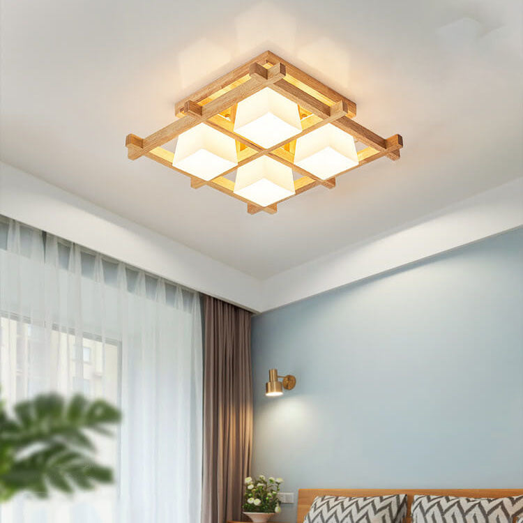 Japanese Wooden Square Flush Ceiling Light