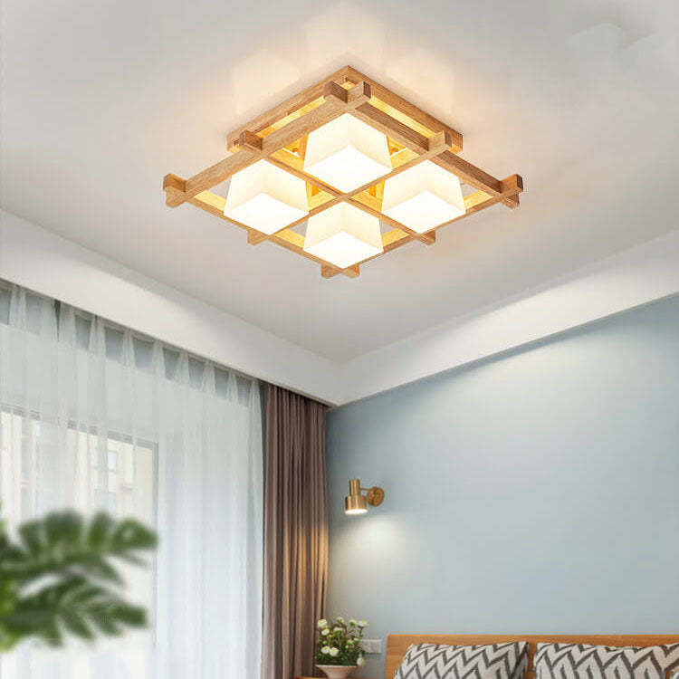 Japanese Wooden Square Flush Ceiling Light — 4 / 110V-120V For US/CA