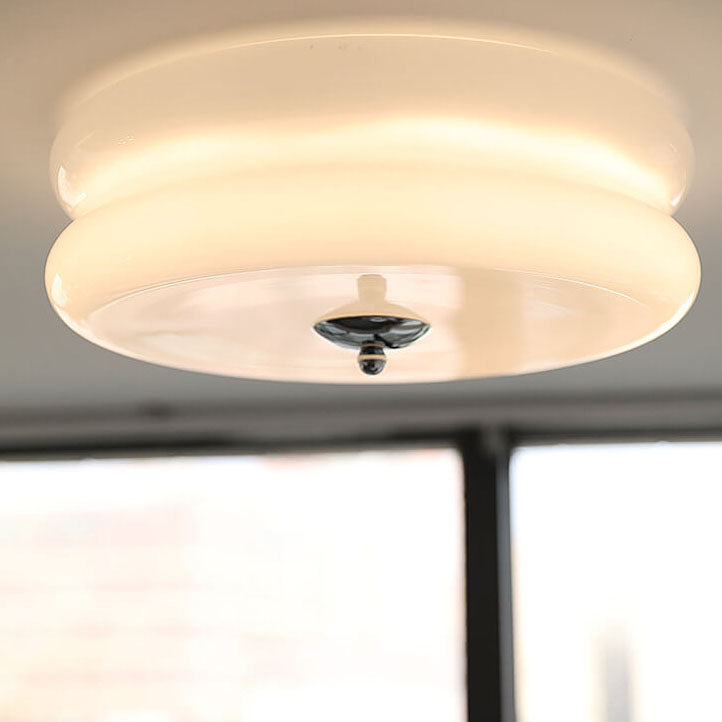French Minimalist Cream Glass Round LED Flush Mount Light