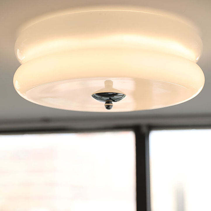 French Minimalist Cream Glass Round LED Flush Mount Light