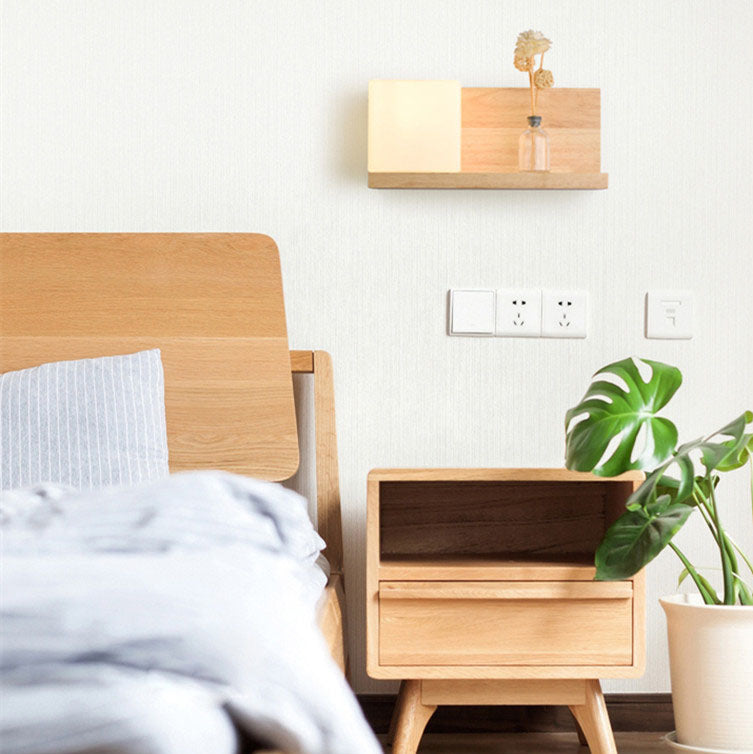Japanese Minimalist Wood Square Glass Sconce — Left / 220V-240V For UK/AU