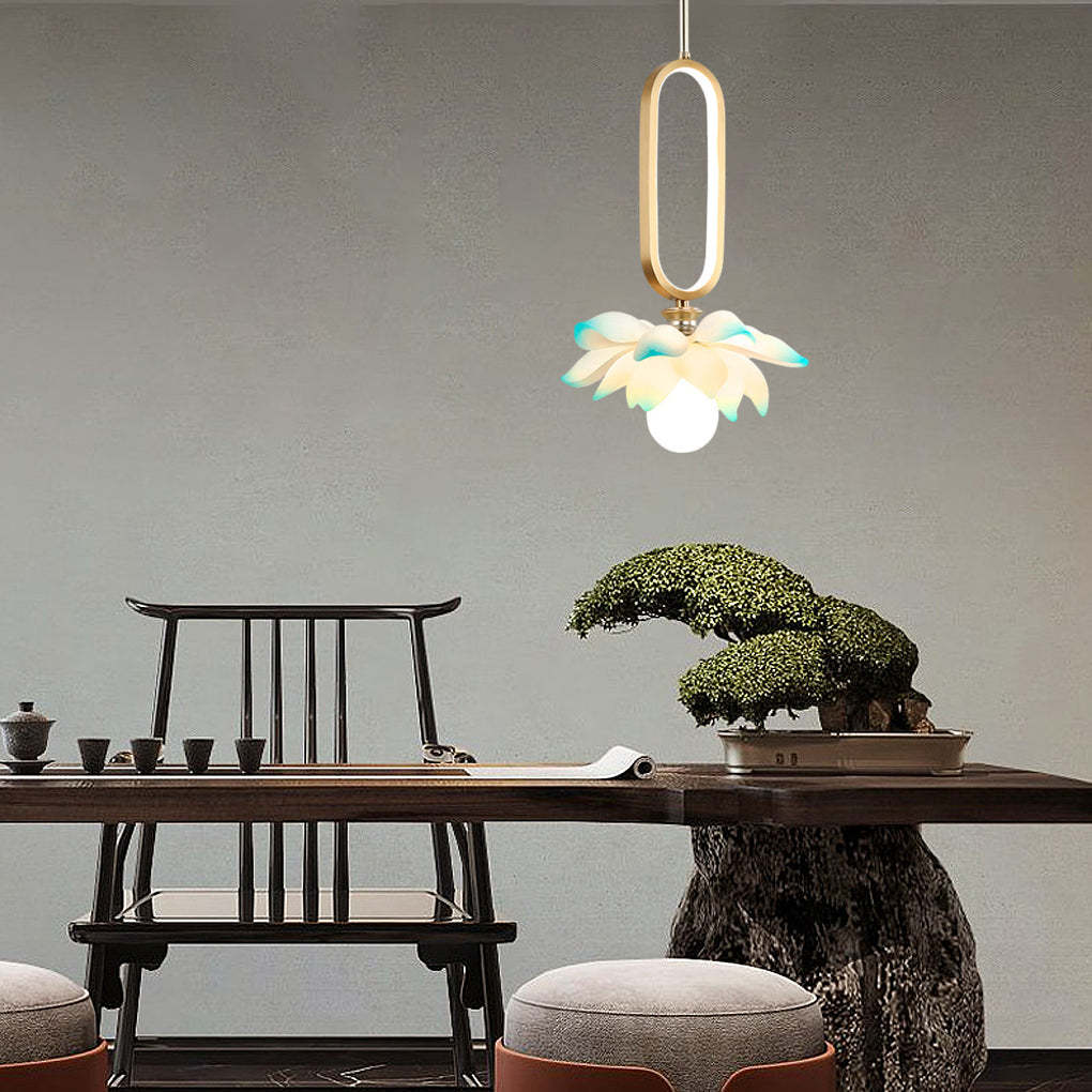 Lotus Flower Luminous Copper Oval Ring LED Pendant