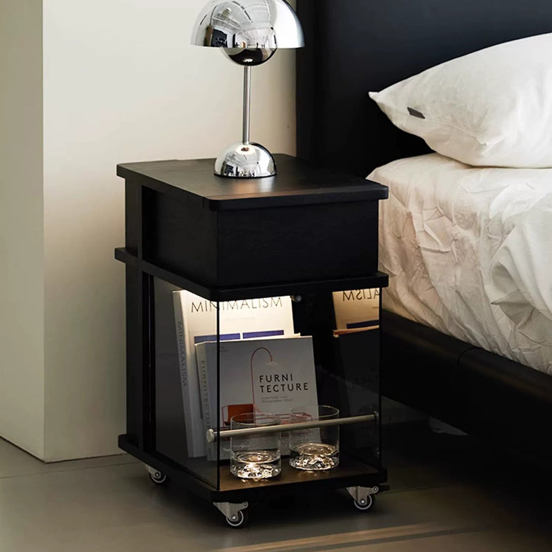 Minimalist square 1-cabinet nightstands in glass wood metal