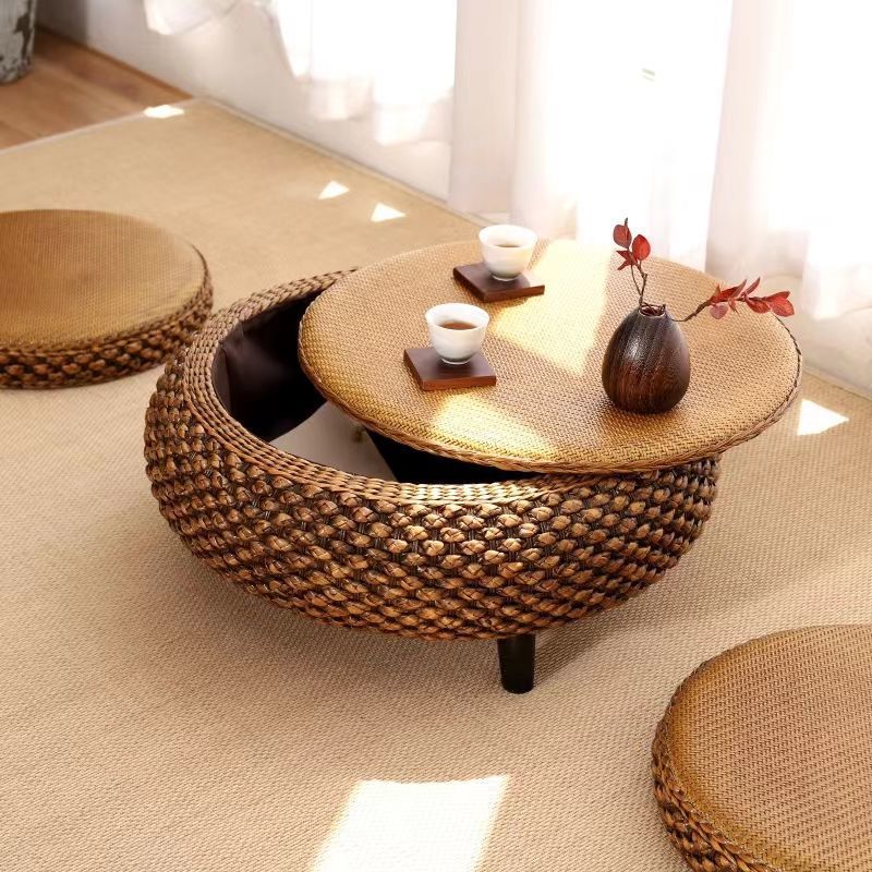 Japanese Oval Rattan Woven Wood Coffee Table