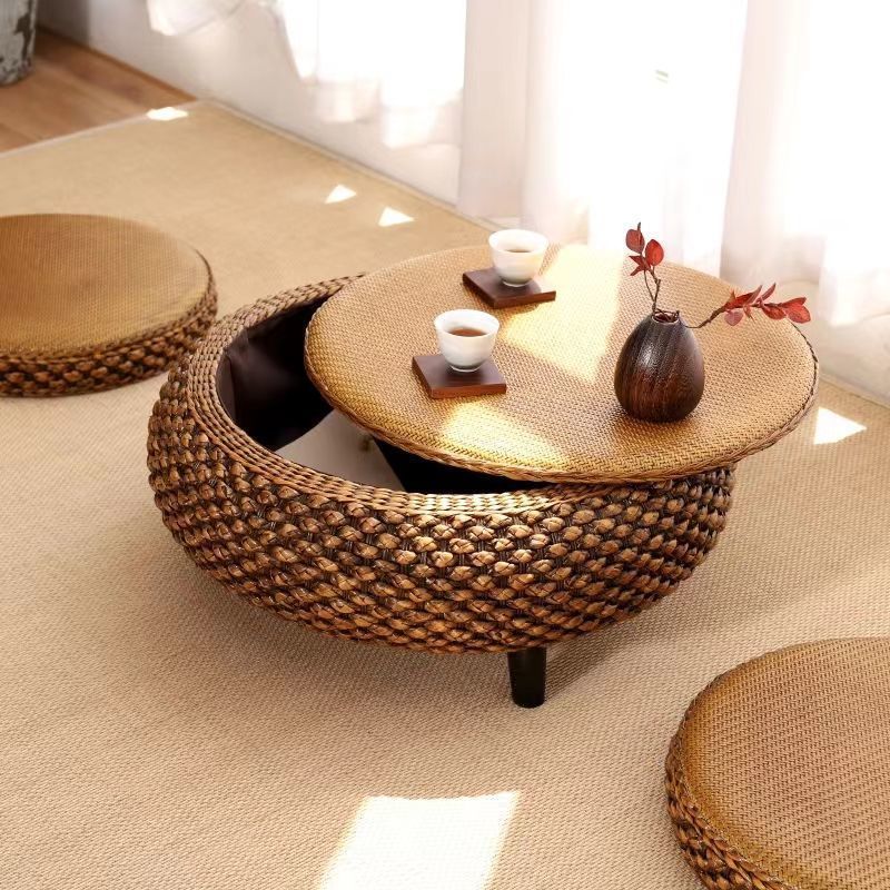 Japanese Oval Rattan Woven Wood Coffee Table