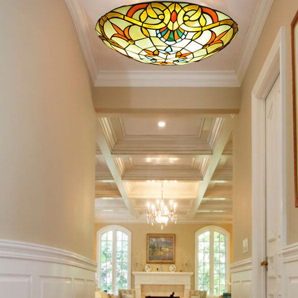 European Tiffany Baroque Round Stained Glass Flush Light