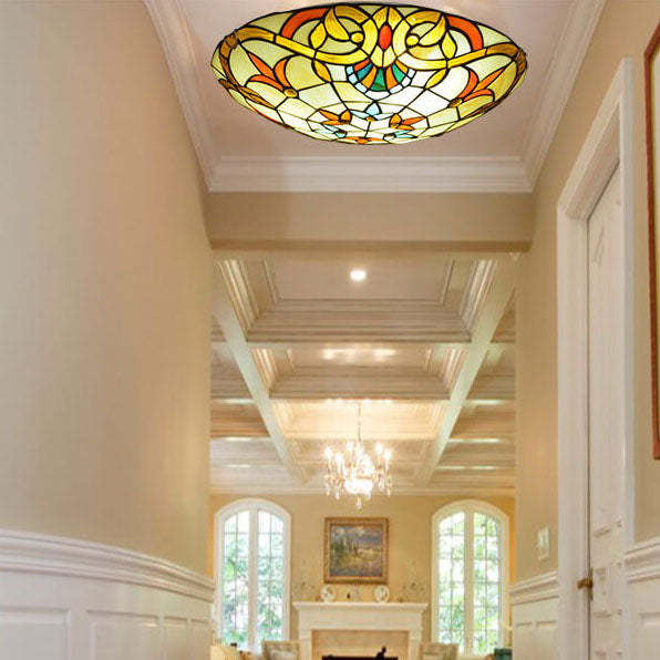 European Tiffany Baroque Round Stained Glass Flush Light