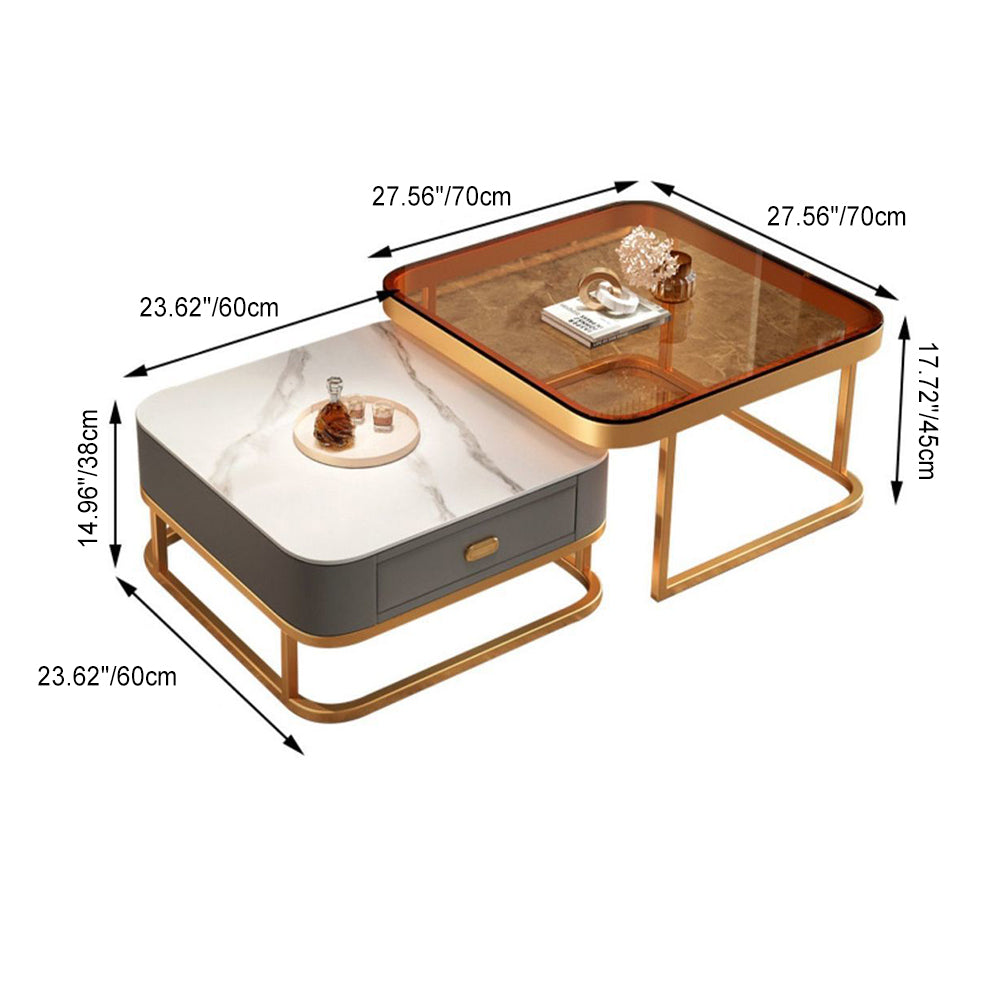 Luxury Square Glass Nesting Coffee Table — White Tabletop + Orange Drawer