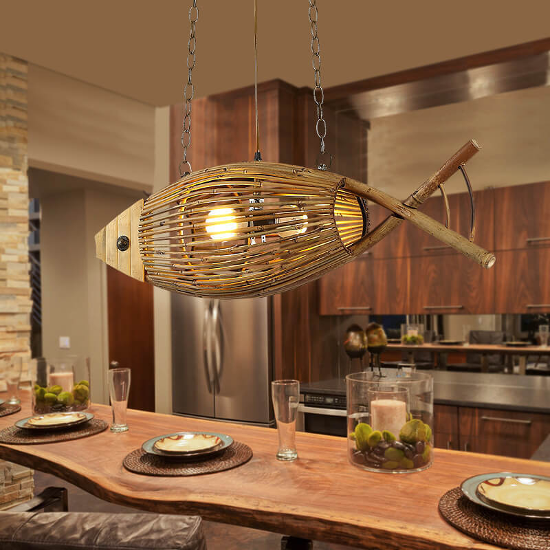 Vintage Bamboo Woven Fish Pendant Light