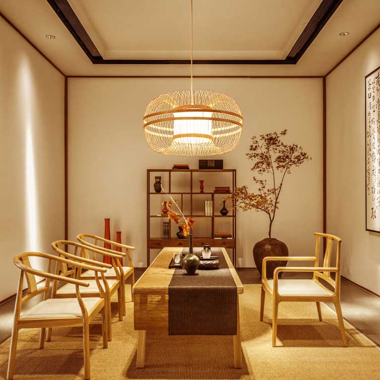 Japanese drum beige bamboo pendant lighting — 15.75" W x 47.24" L x 9.84" H / 220V-240V (UK/AU)
