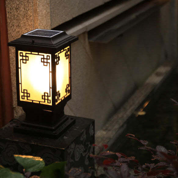 Solar Chinese Window Square Post Garden Light