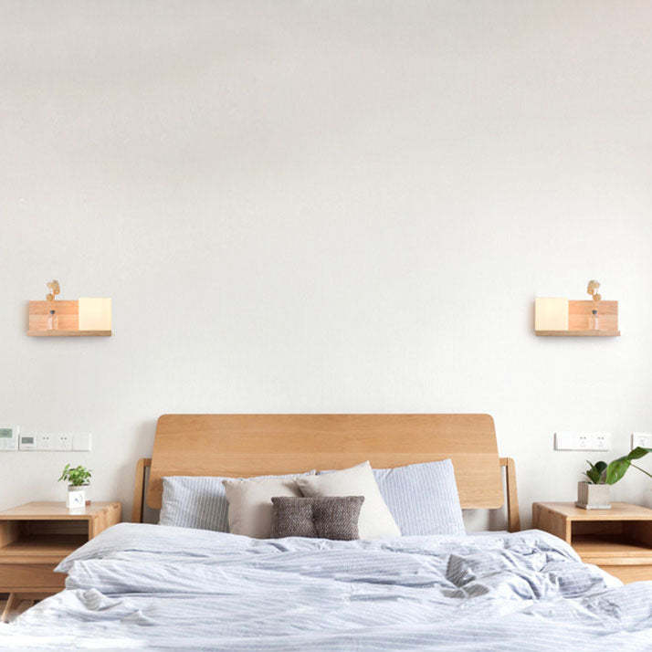 Japanese Minimalist Wood Square Glass Sconce — Right / 110V-120V For US/CA