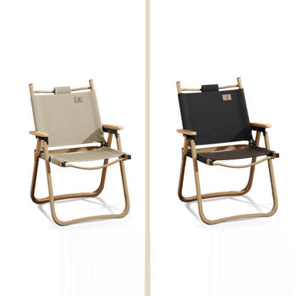 Scandinavian Alloy Wood Oxford Foldable Patio Dining Chair — Wood Color Chair Frame - Beige Fabric