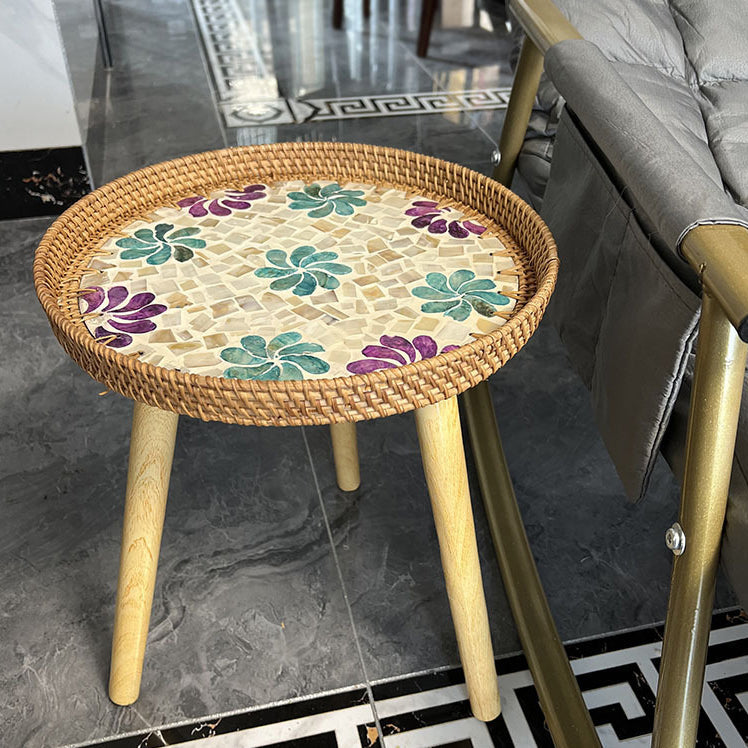 Rustic Handmade Shell Wood Rattan Side Table