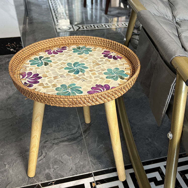 Rustic Handmade Shell Wood Rattan Side Table — A