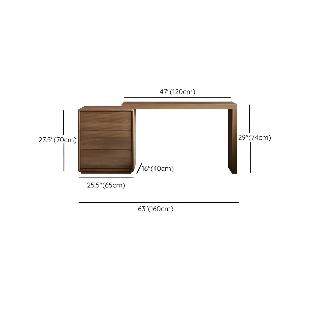 Large Brown Wood Makeup Vanity with Drawers and Seat #size