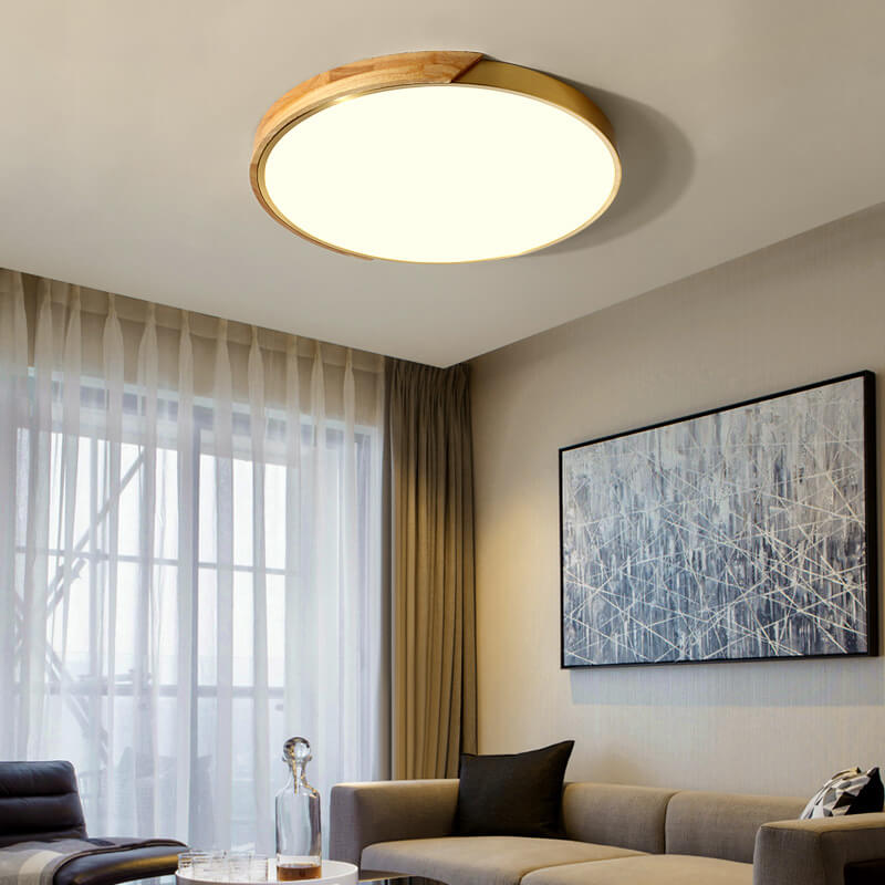 Oak modern wooden circle flush mount lighting — 11.81" H x 11.81" Dia / 220V-240V (UK/AU