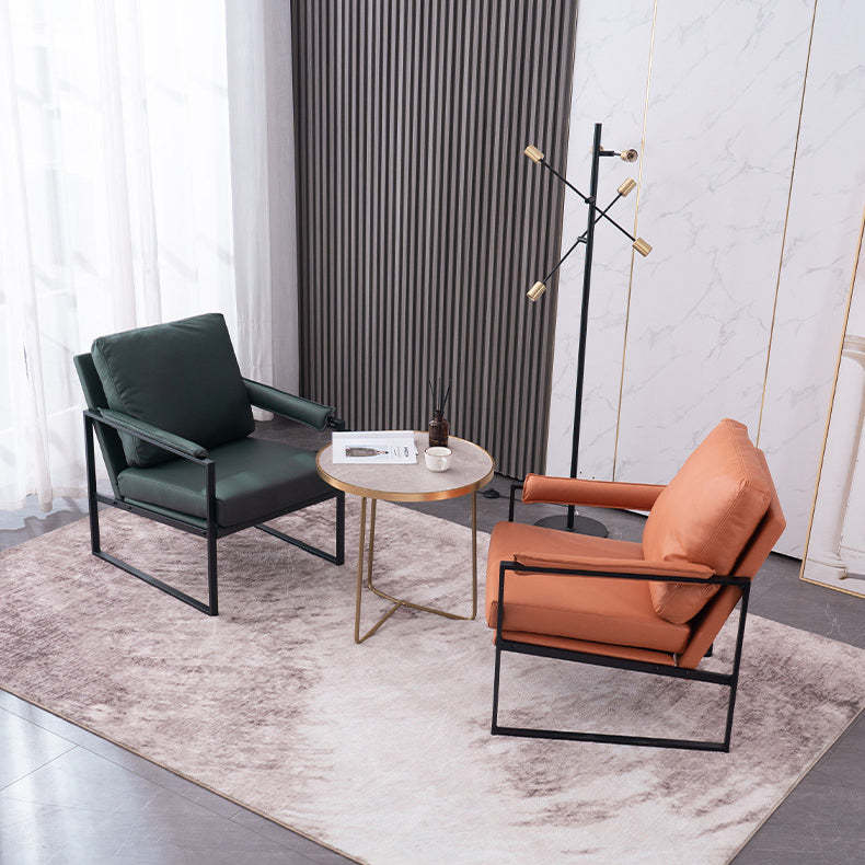 Scandinavian Velvet Leather Square Accent Chair — Sponge / Leather / Orange