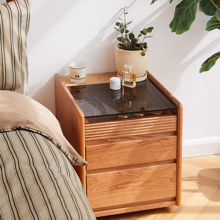 Vintage Glass Top Solid Wood 3-Drawer End Table