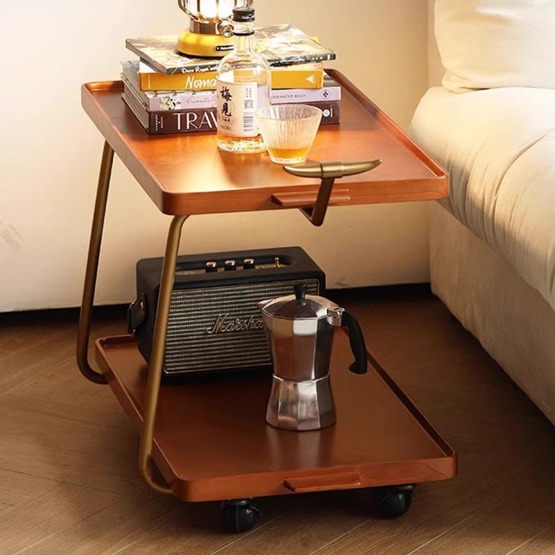 Retro Rubber Wood Stainless Steel Movable Side Table 2-Tier — Cherry Wood Color